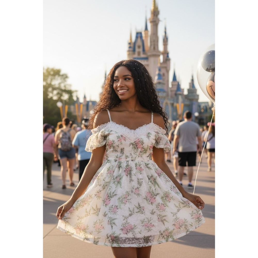 Disney Princess and the Frog Tiana Juniors Off-Shoulder Floral Dress Green Sz S